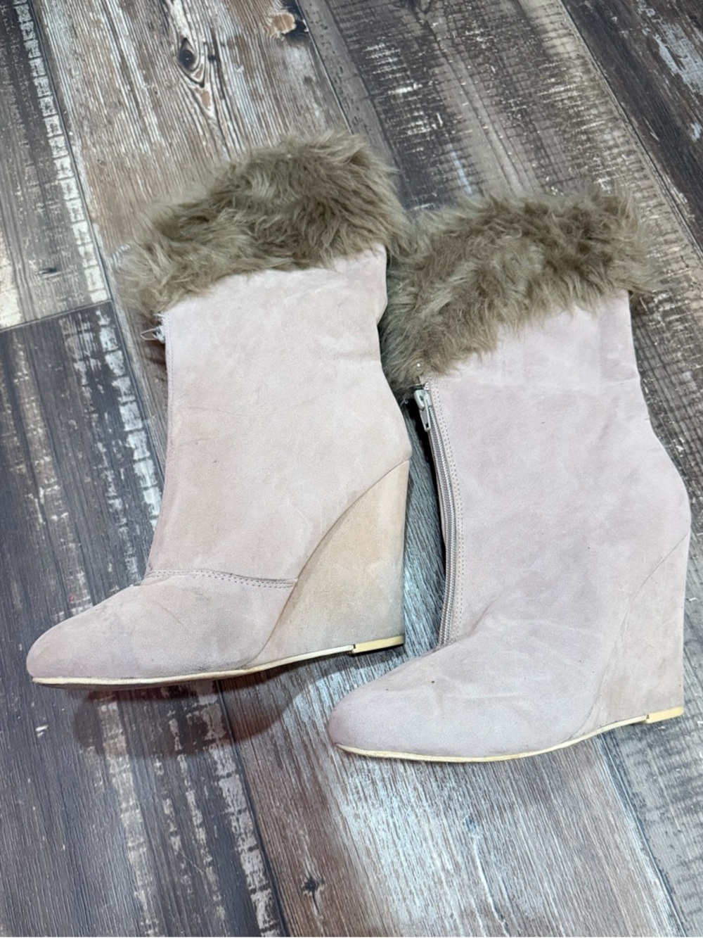 Traffic Y2K Tan Suede Wedge Boots with Faux Fur Cuff